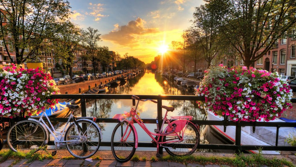 Beautiful sunrise over Amsterdam, The Netherlands, with flowers and bicycles on the bridge in spring